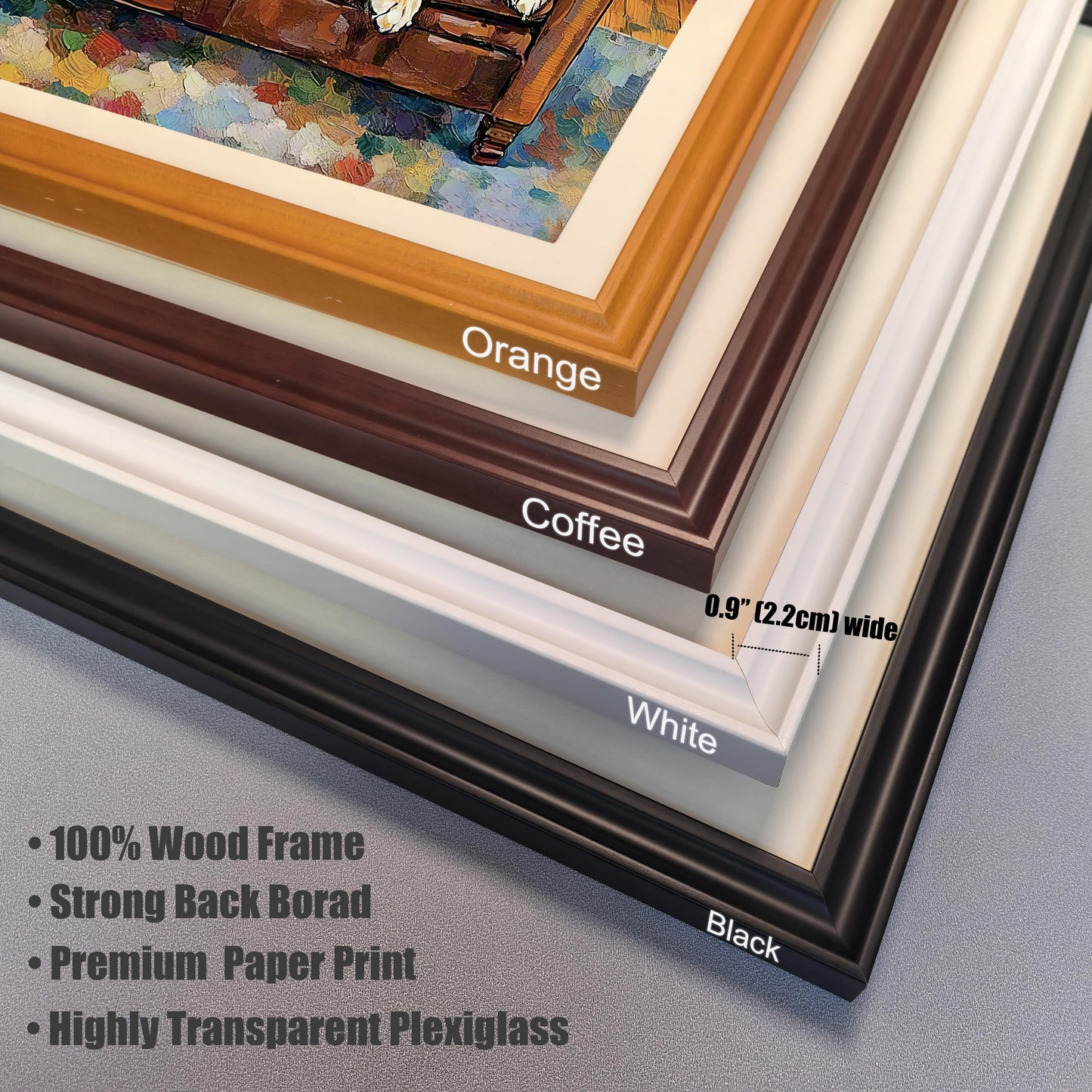 A close-up of the corners of four different picture frames: orange, coffee (dark brown), white, and black. Text describes the material as 100% wood with a 0.9-inch width.