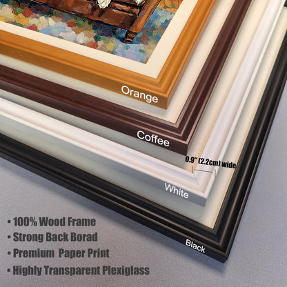 A close-up of the corners of four different picture frames: orange, coffee (dark brown), white, and black. Text describes the material as 100% wood with a 0.9-inch width.
