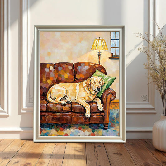 A painting of a yellow labrador retriever dog relaxing on a brown leather couch in a white wooden frame, leaning against a white wainscoting wall next to a vase with dried flowers.