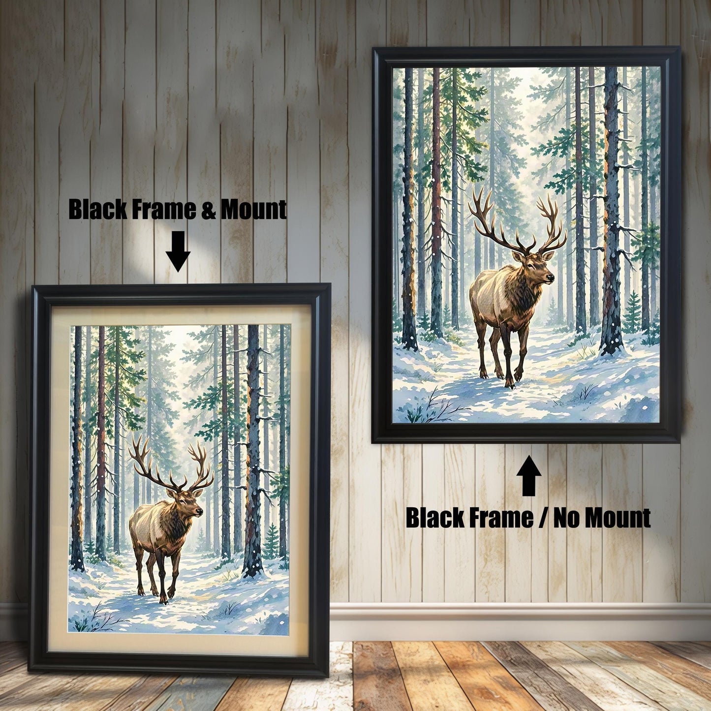 Two framed paintings of an elk in a snowy forest against a white wood paneled wall. One has a black frame with a white border (mount), and the other is a larger black frame with no border.