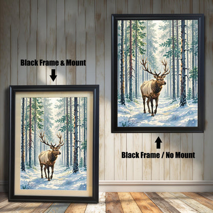 Two framed paintings of an elk in a snowy forest against a white wood paneled wall. One has a black frame with a white border (mount), and the other is a larger black frame with no border.