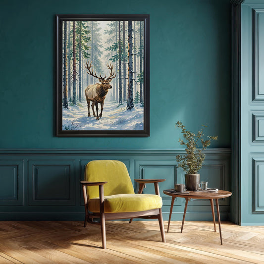 A framed painting of an elk in a snowy forest hangs on a dark teal wall above a yellow armchair and a small wooden side table.
