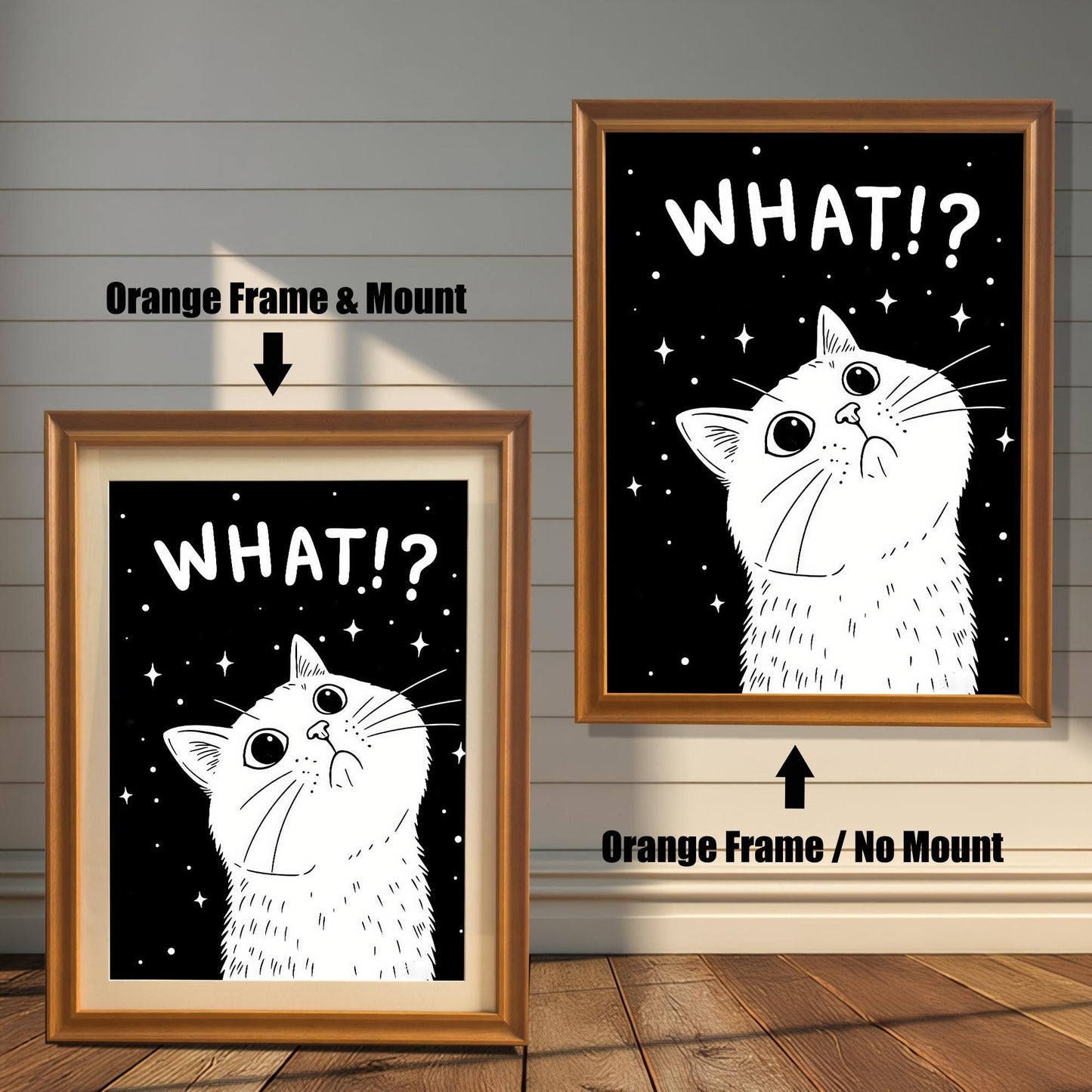 A comparison of two framed prints of the "WHAT!?" cat. One has an orange frame with a mount (mat), and the other has an orange frame with no mount.