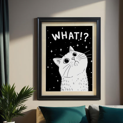 A framed art print of a white cat looking up with the text "WHAT!?" hangs above a bed with teal pillows in a bedroom with brown curtains and a plant.