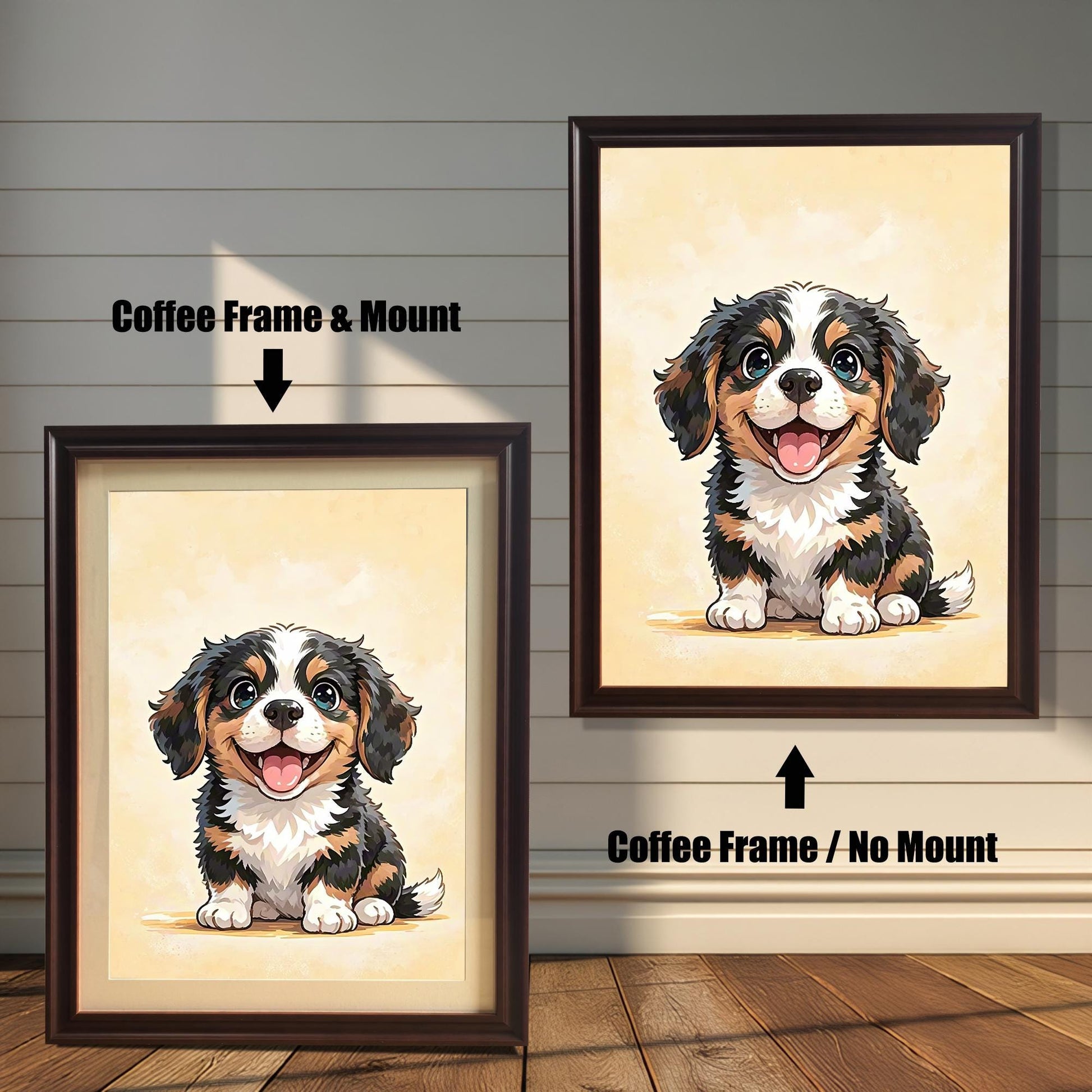 A framed art print of a cute, cartoon-style puppy with blue eyes and a happy expression, hung on a white wall above wainscoting with a green potted plant next to it.