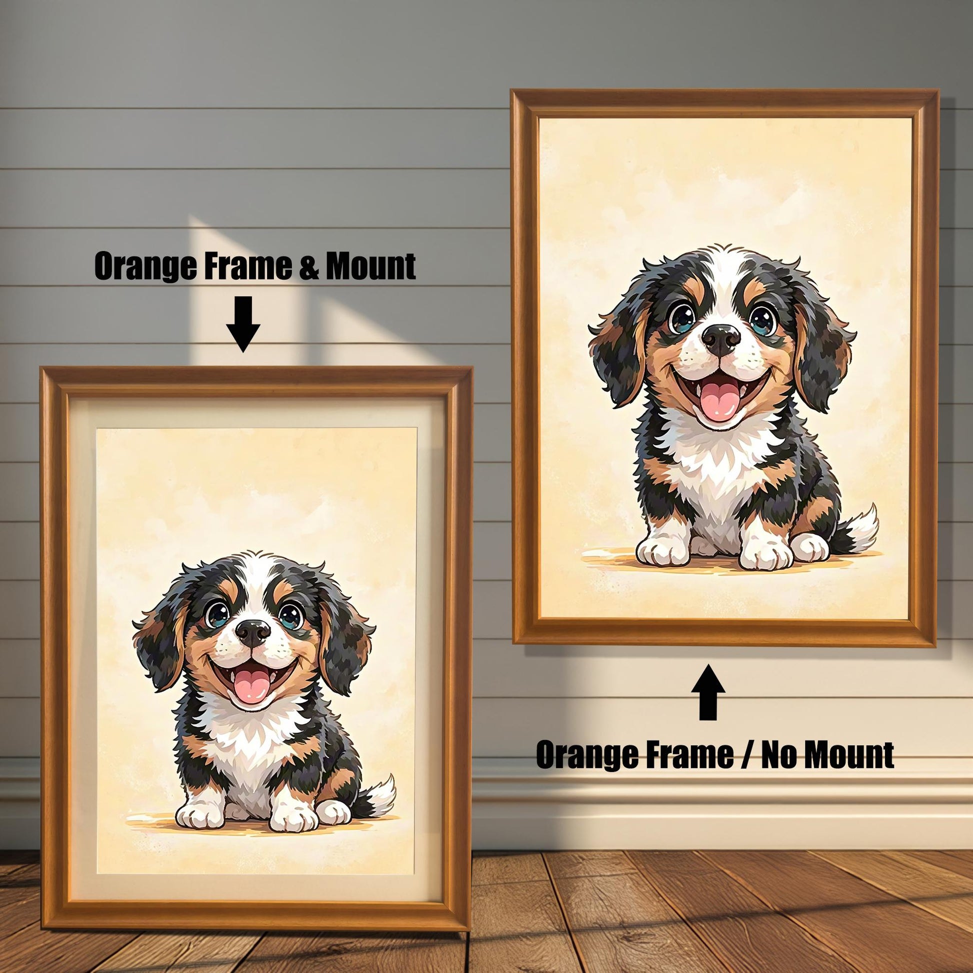 A framed art print of a cute, cartoon-style puppy is sitting on a wooden floor, leaning against a white wainscoting wall next to a potted plant.