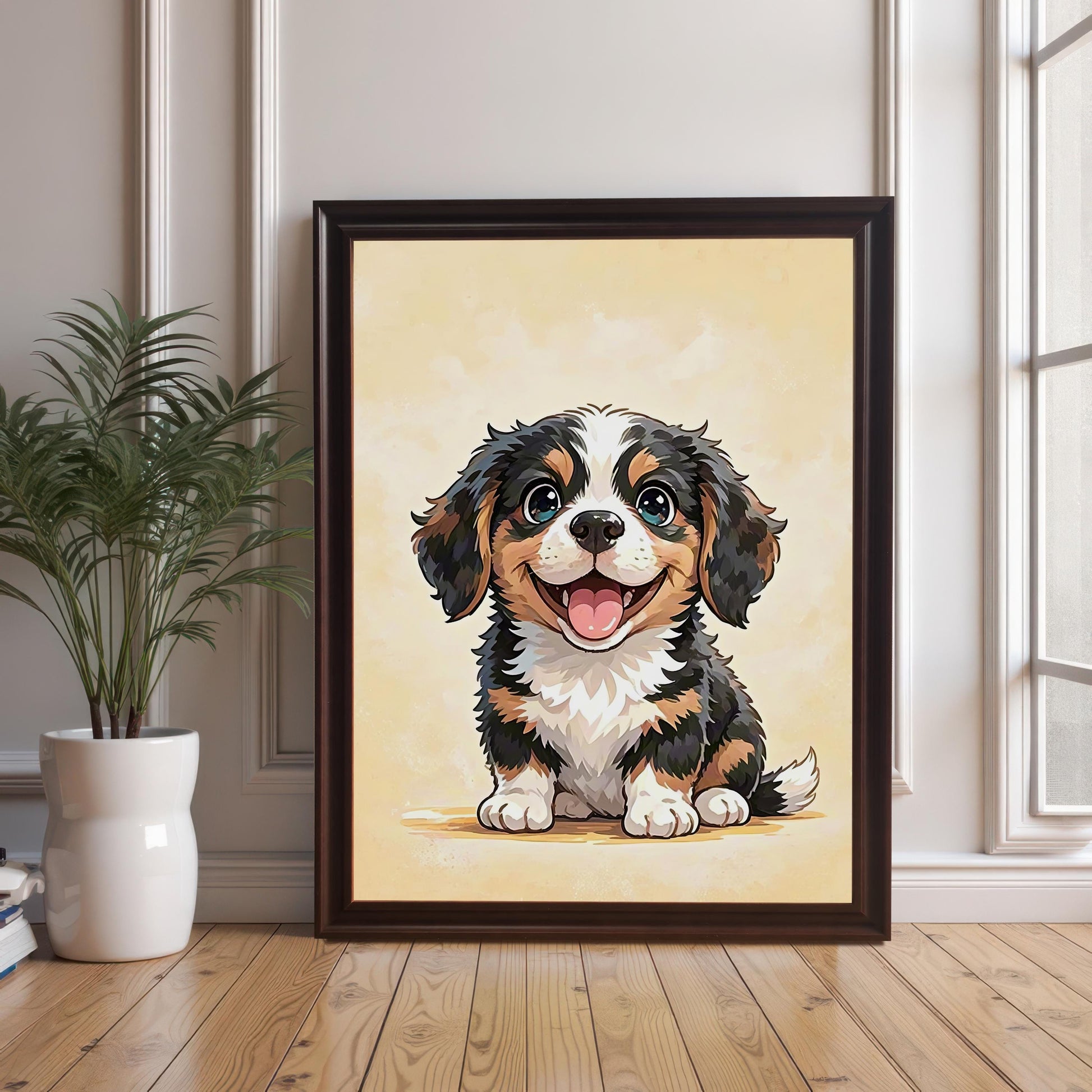 A framed art print of a cute, cartoon-style puppy is sitting on a wooden floor, leaning against a white wainscoting wall next to a potted plant.