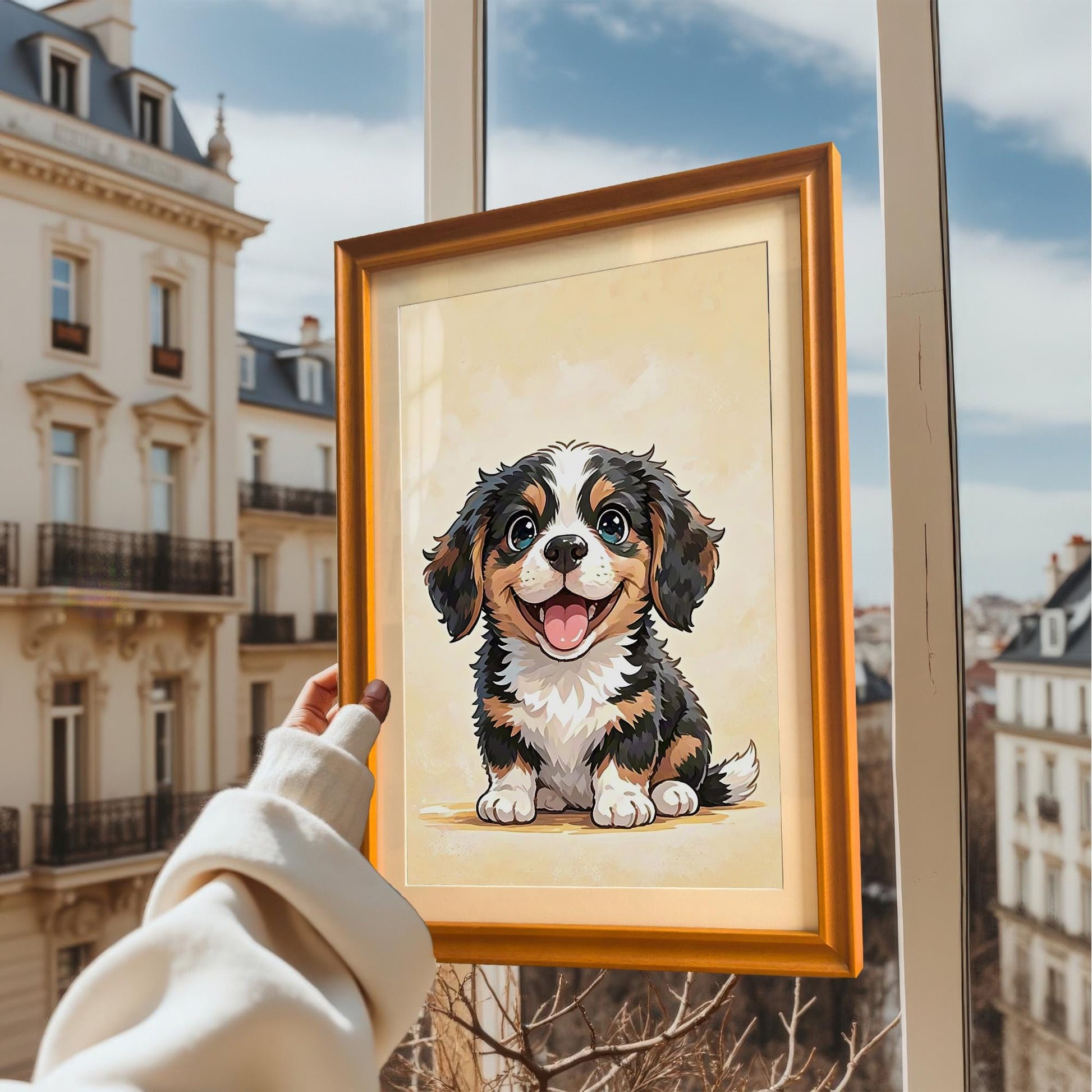 A person holds a framed art print of a cute cartoon puppy up to a window with a view of European-style buildings and a blue sky.