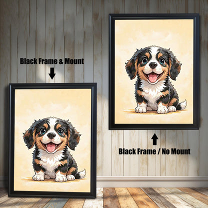 A comparison of two framed prints of the cute cartoon puppy. One has a black frame with a mount (mat), and the other has a black frame with no mount.