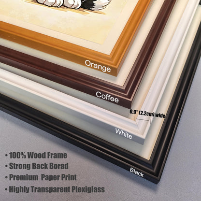 A close-up of the four frame options: Black, White, Coffee, and Orange. Text describes frame features: 100% Wood Frame, Strong Back Board, Premium Paper Print, and Highly Transparent Plexiglass.
