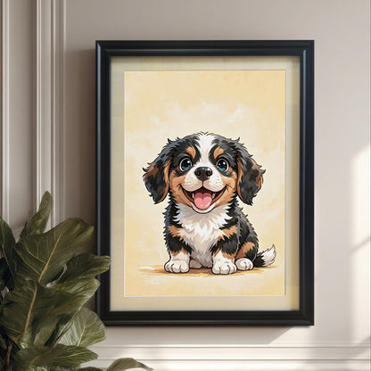 A framed art print of a cute, cartoon-style puppy with blue eyes and a happy expression, hung on a white wall above wainscoting with a green potted plant next to it.