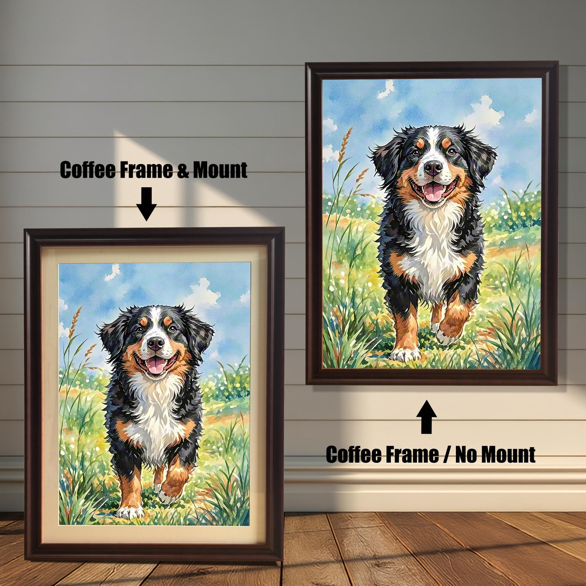 A comparison of two framed prints of the Bernese mountain dog painting. One has a coffee-colored frame with a mount (mat), and the other has a coffee frame with no mount.