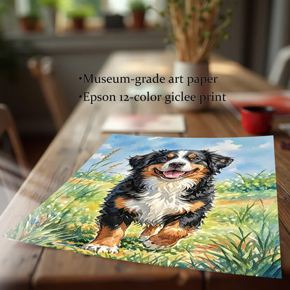 A close-up of a high-quality art print on paper of a smiling Bernese mountain dog running through a grassy field. Text lists product features: Museum-grade art paper and Epson 12-color giclee print.