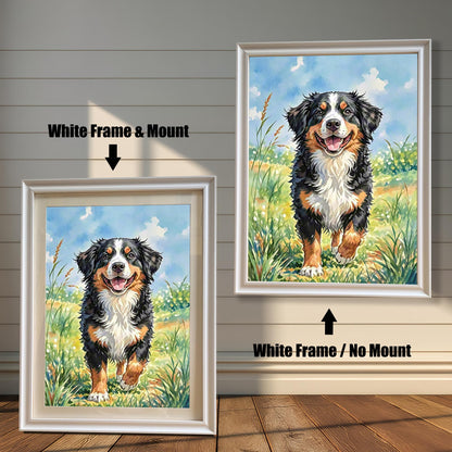 A comparison of two framed prints of the Bernese mountain dog painting. One has a white frame with a mount (mat), and the other has a white frame with no mount.