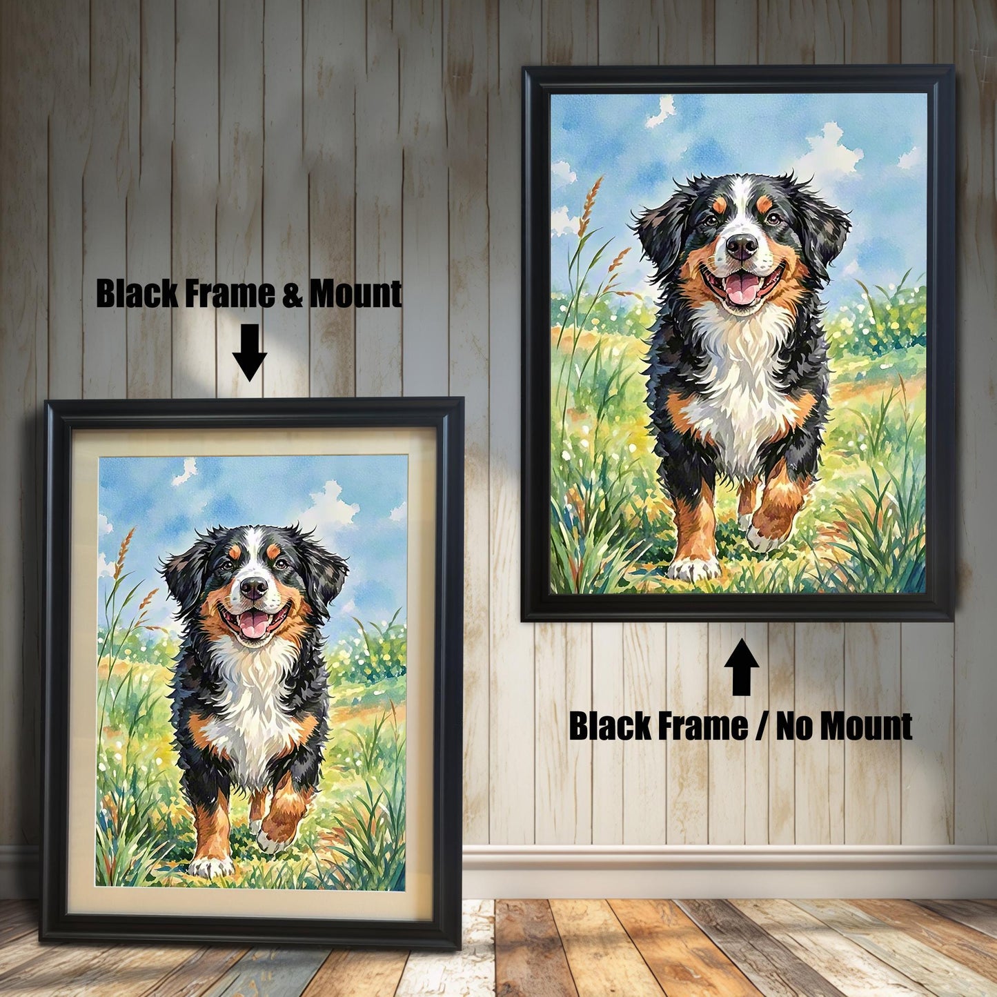 A comparison of two framed prints of the Bernese mountain dog painting. One has a black frame with a mount (mat), and the other has a black frame with no mount.