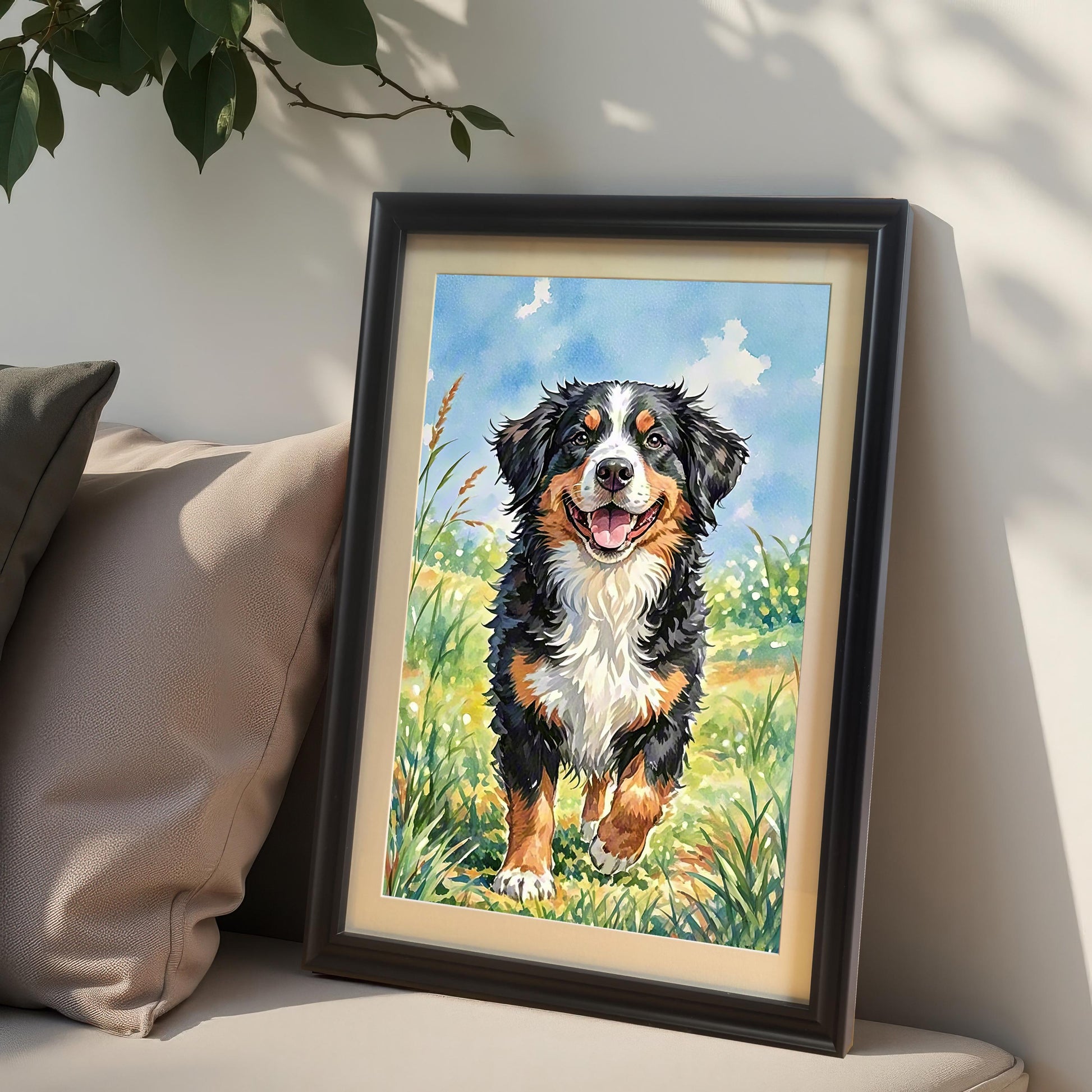A framed art print of a happy Bernese mountain dog running in a field, propped on a couch with beige pillows.