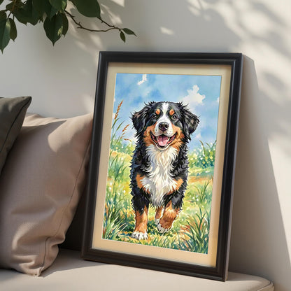A framed art print of a happy Bernese mountain dog running in a field, propped on a couch with beige pillows.