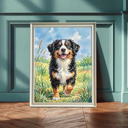 A framed watercolor painting of a happy Bernese mountain dog running through a field of green grass and wildflowers. It sits on the floor leaning against a teal wall with wainscoting.