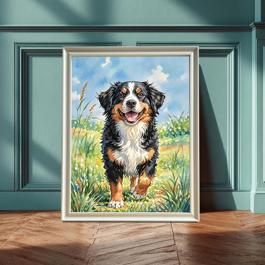 A framed watercolor painting of a happy Bernese mountain dog running through a field of green grass and wildflowers. It sits on the floor leaning against a teal wall with wainscoting.