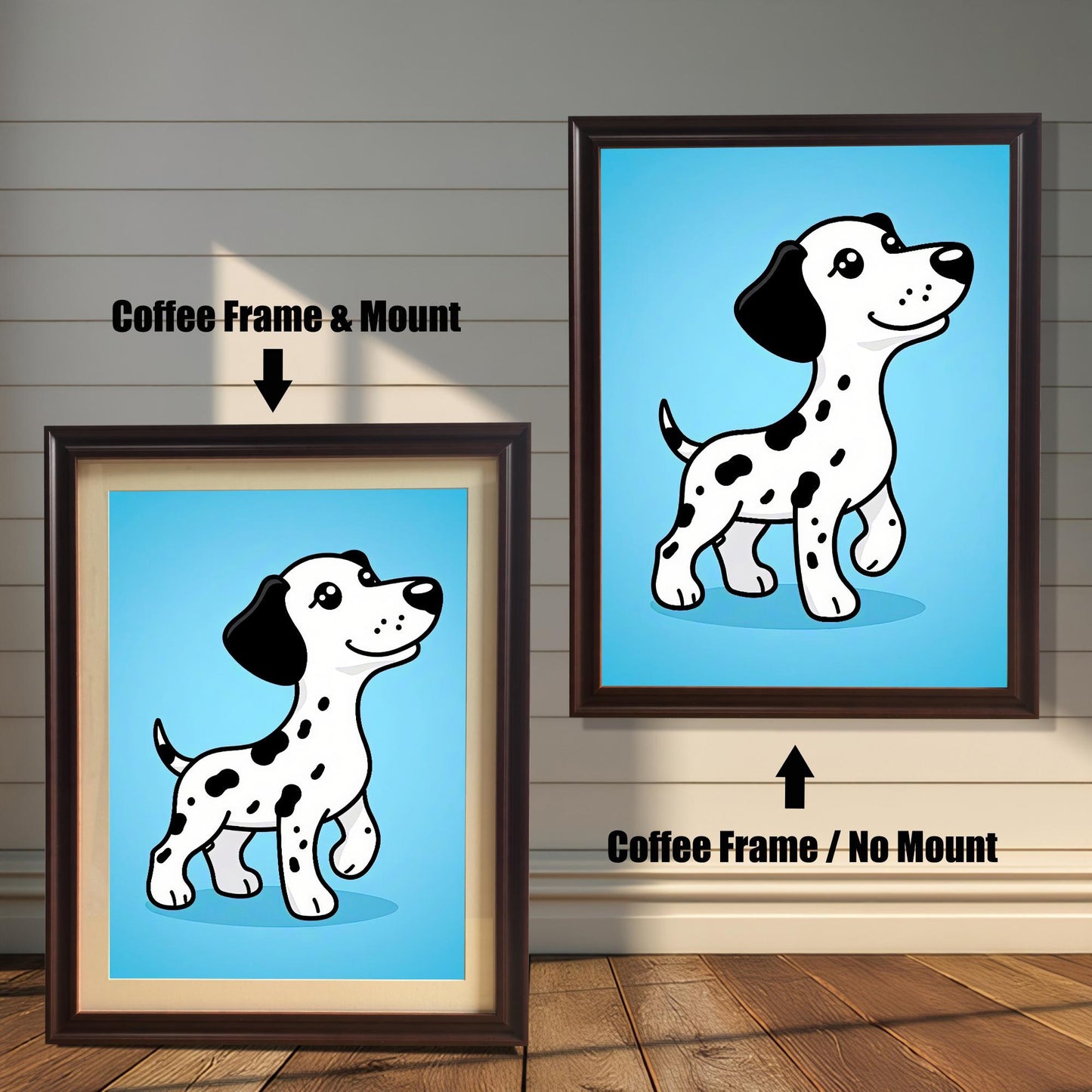 A comparison of two framed prints of the cartoon Dalmatian. One has a coffee-colored frame with a mount (mat), and the other has a coffee frame with no mount.