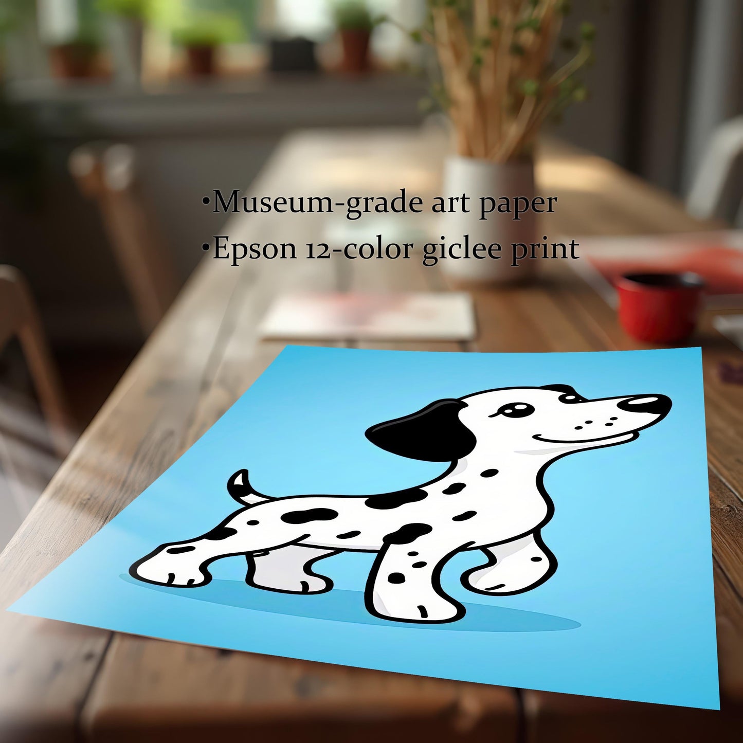 A high-quality print of a cute cartoon Dalmatian puppy on a light blue background. It sits on a wooden table. Text lists product features: Museum-grade art paper and Epson 12-color giclee print.