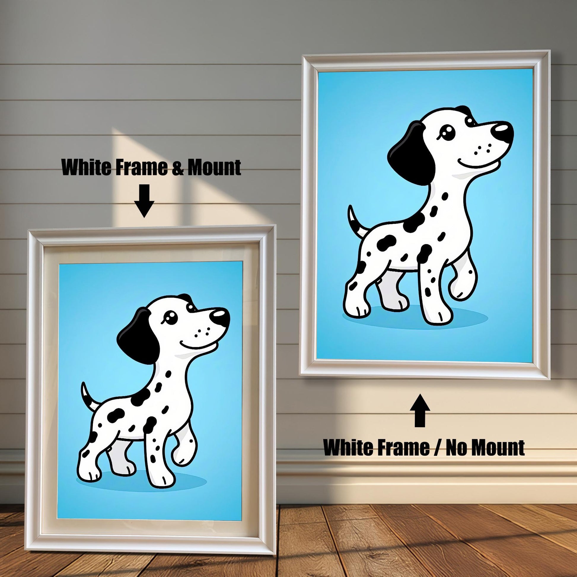 A comparison of two framed prints of the cartoon Dalmatian. One has a white frame with a mount (mat), and the other has a white frame with no mount.