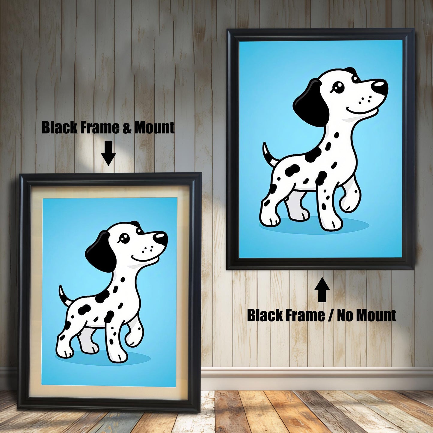 A comparison of two framed prints of the cartoon Dalmatian. One has a black frame with a mount (mat), and the other has a black frame with no mount.