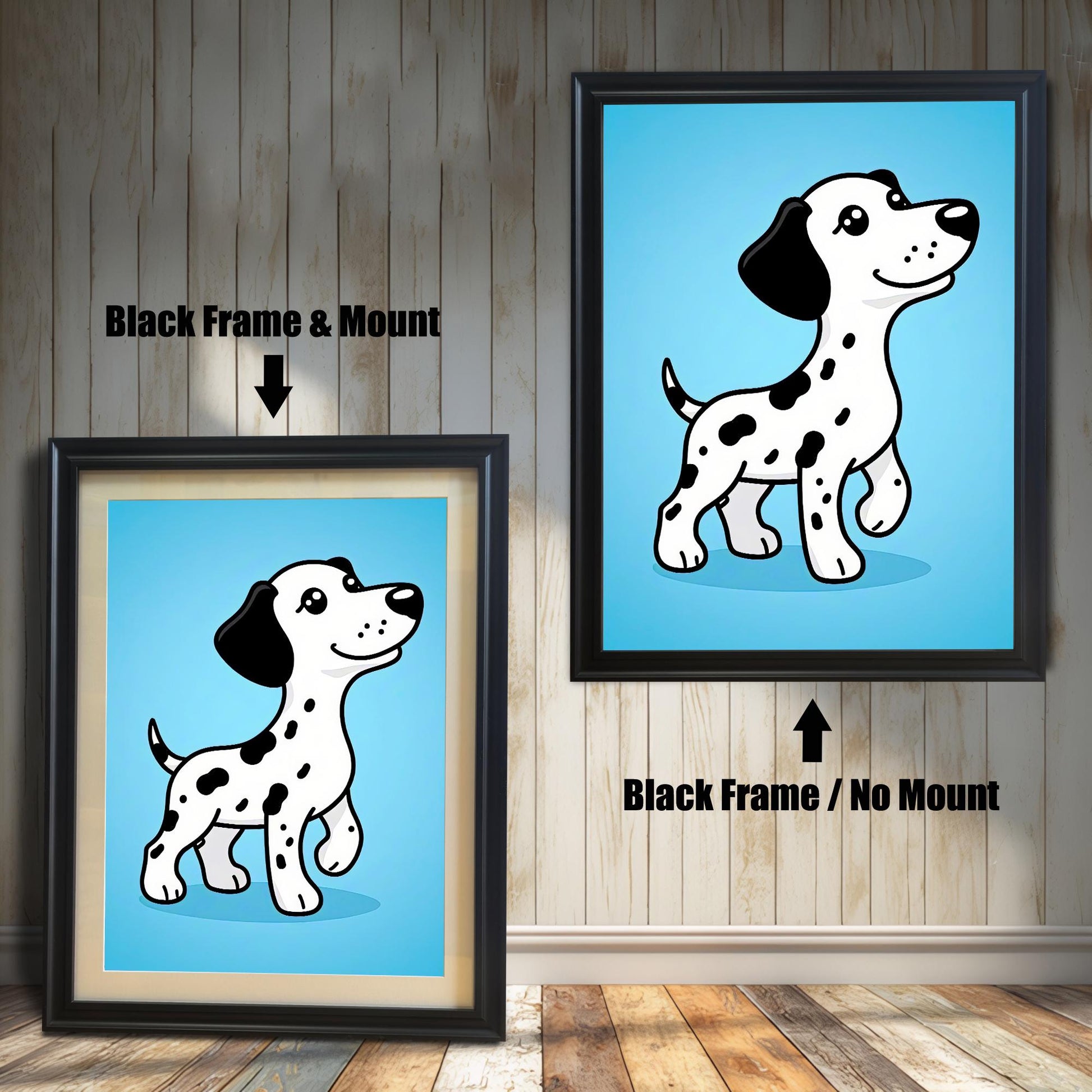 A comparison of two framed prints of the cartoon Dalmatian. One has a black frame with a mount (mat), and the other has a black frame with no mount.