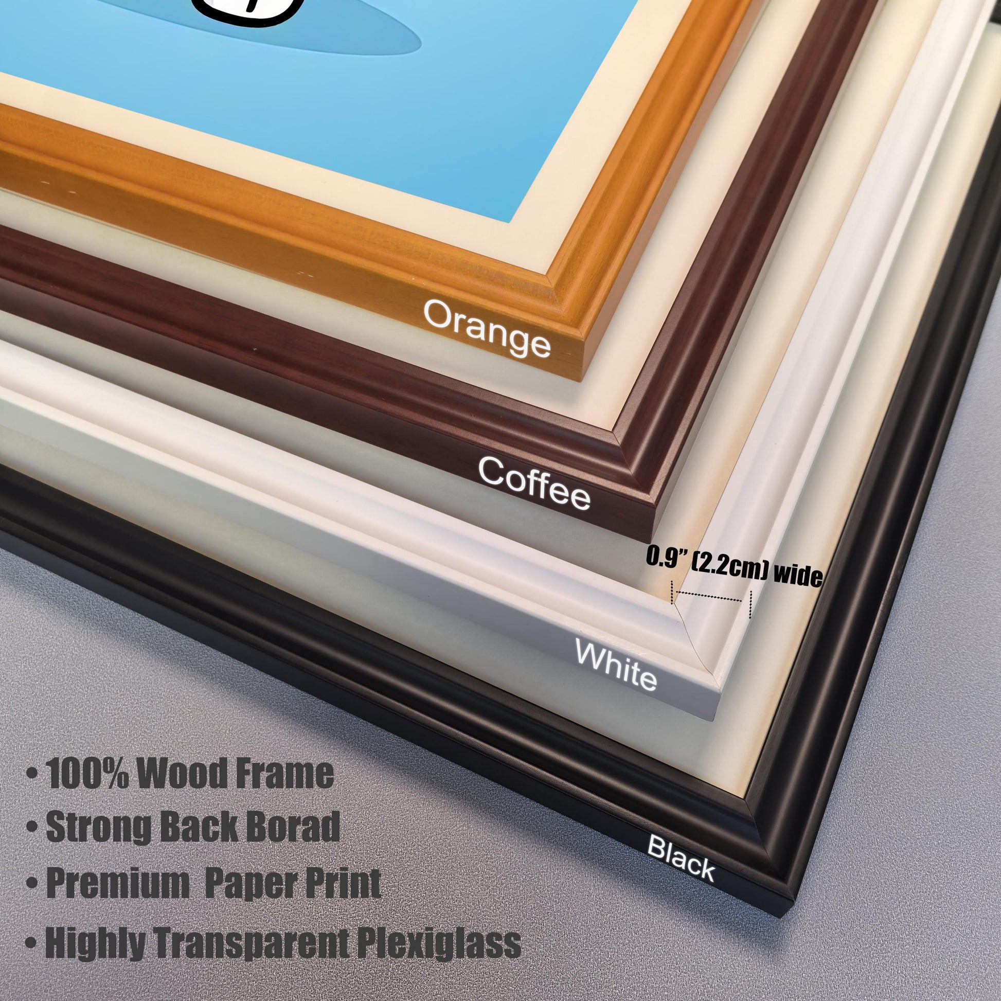 A close-up of the four frame options: Black, White, Coffee, and Orange. Text describes frame features: 100% Wood Frame, Strong Back Board, Premium Paper Print, and Highly Transparent Plexiglass.