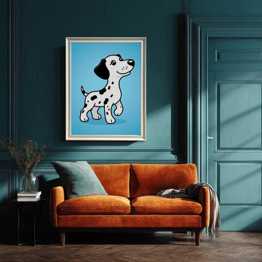A framed art print of a cute cartoon Dalmatian puppy hangs above a small orange couch in a room with dark teal walls and wainscoting.
