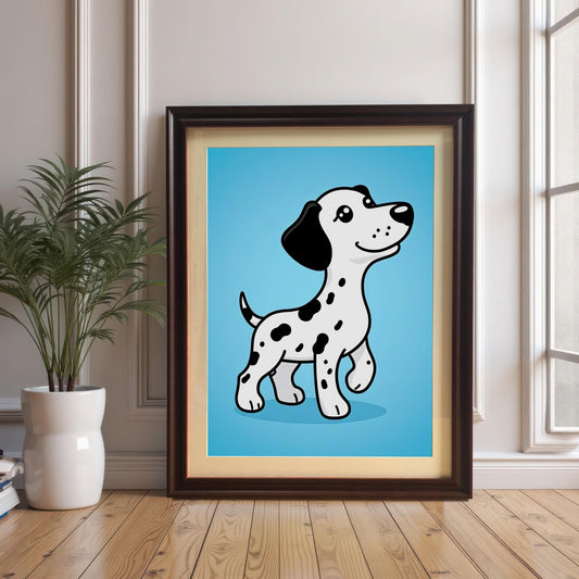 A framed art print of a cute cartoon Dalmatian puppy on a blue background. It's propped on a wooden floor, leaning against a white wall next to a potted plant.
