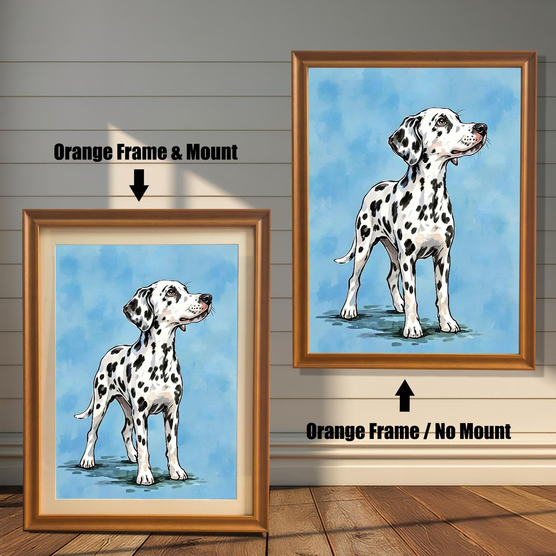 A comparison of two framed prints of a Dalmatian. One has an orange frame with a mount (mat), and the other has an orange frame with no mount.