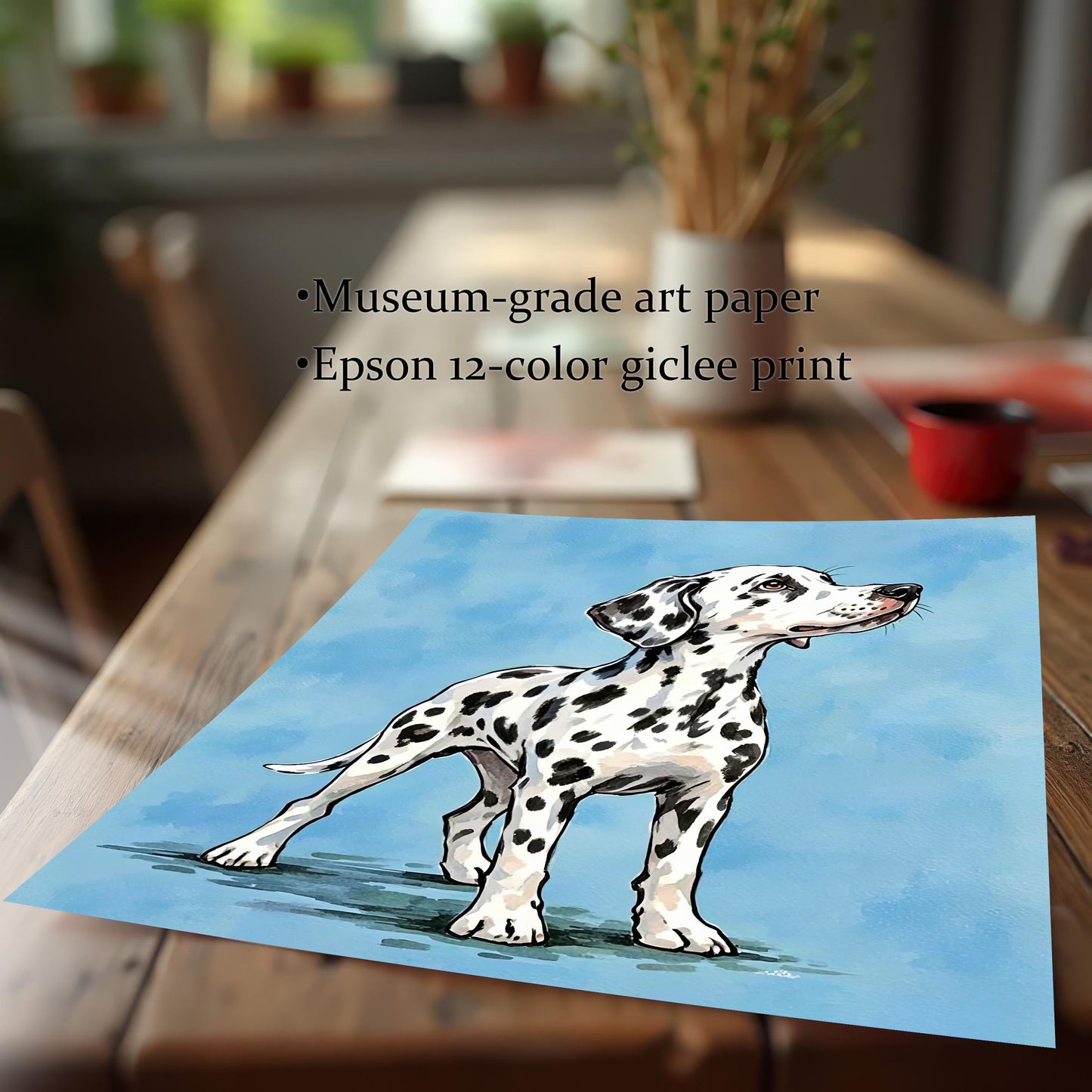 A high-quality print of a realistic Dalmatian standing on a light blue background. It sits on a wooden table. Text lists product features: Museum-grade art paper and Epson 12-color giclee print.
