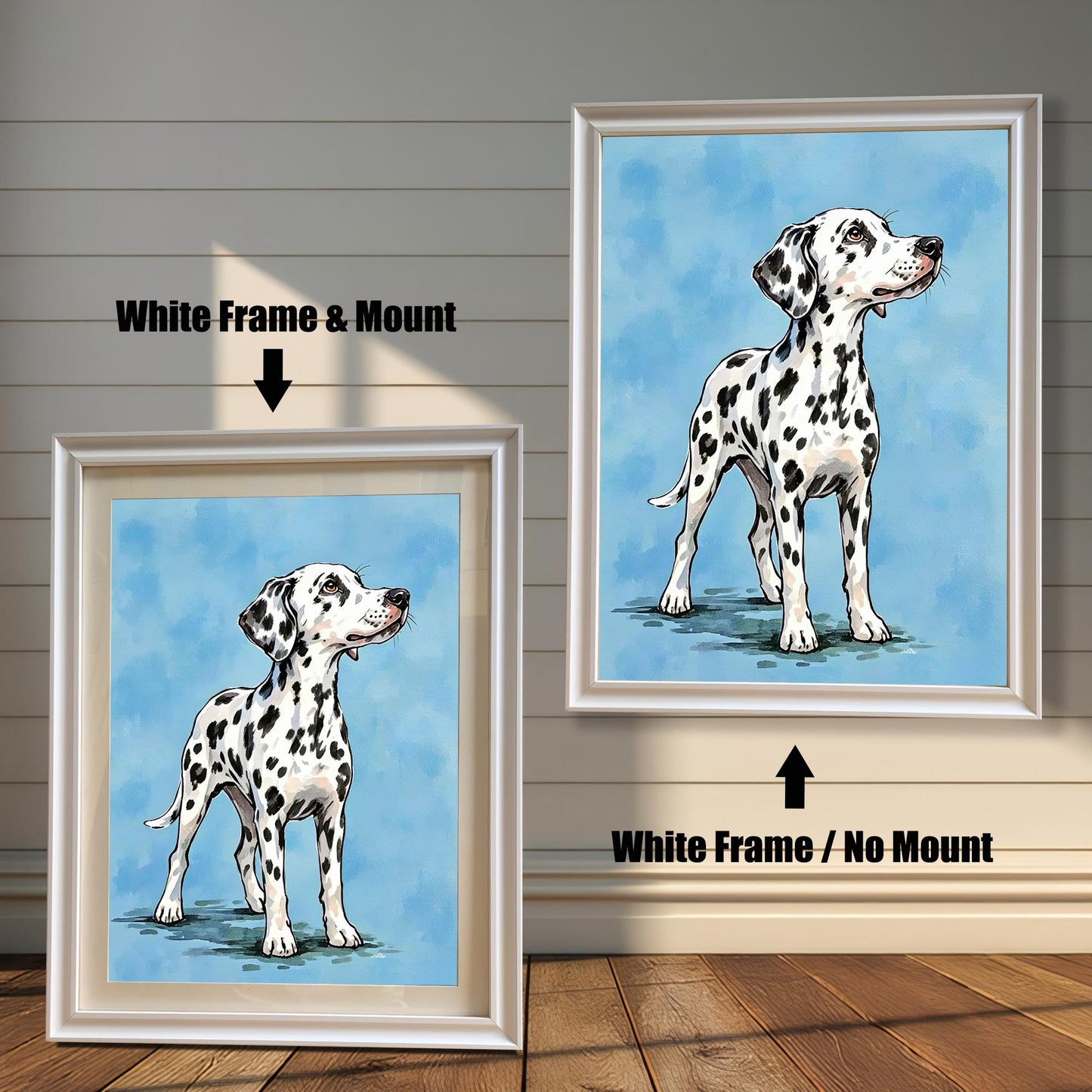 A comparison of two framed prints of a Dalmatian. One has a white frame with a mount (mat), and the other has a white frame with no mount.