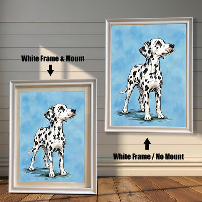 A comparison of two framed prints of a Dalmatian. One has a white frame with a mount (mat), and the other has a white frame with no mount.
