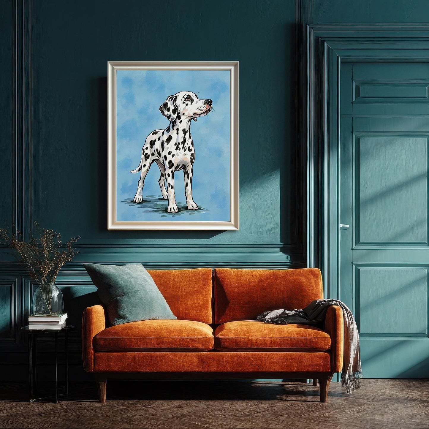 A framed art print of a Dalmatian hangs above a small orange couch in a room with dark teal walls and wainscoting.