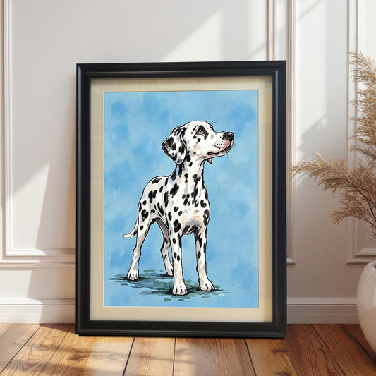 A framed art print of a realistic Dalmatian standing, with a black frame and a light mat. It's leaning on a wooden floor against a white wall with wainscoting next to a plant.