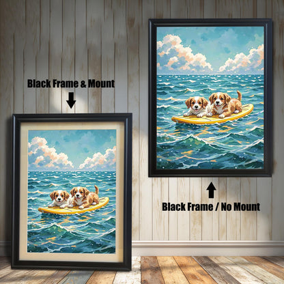 wo framed art prints of two puppies on a surfboard. The image on the left has a black frame with a white mount, while the one on the right has a black frame with no mount.