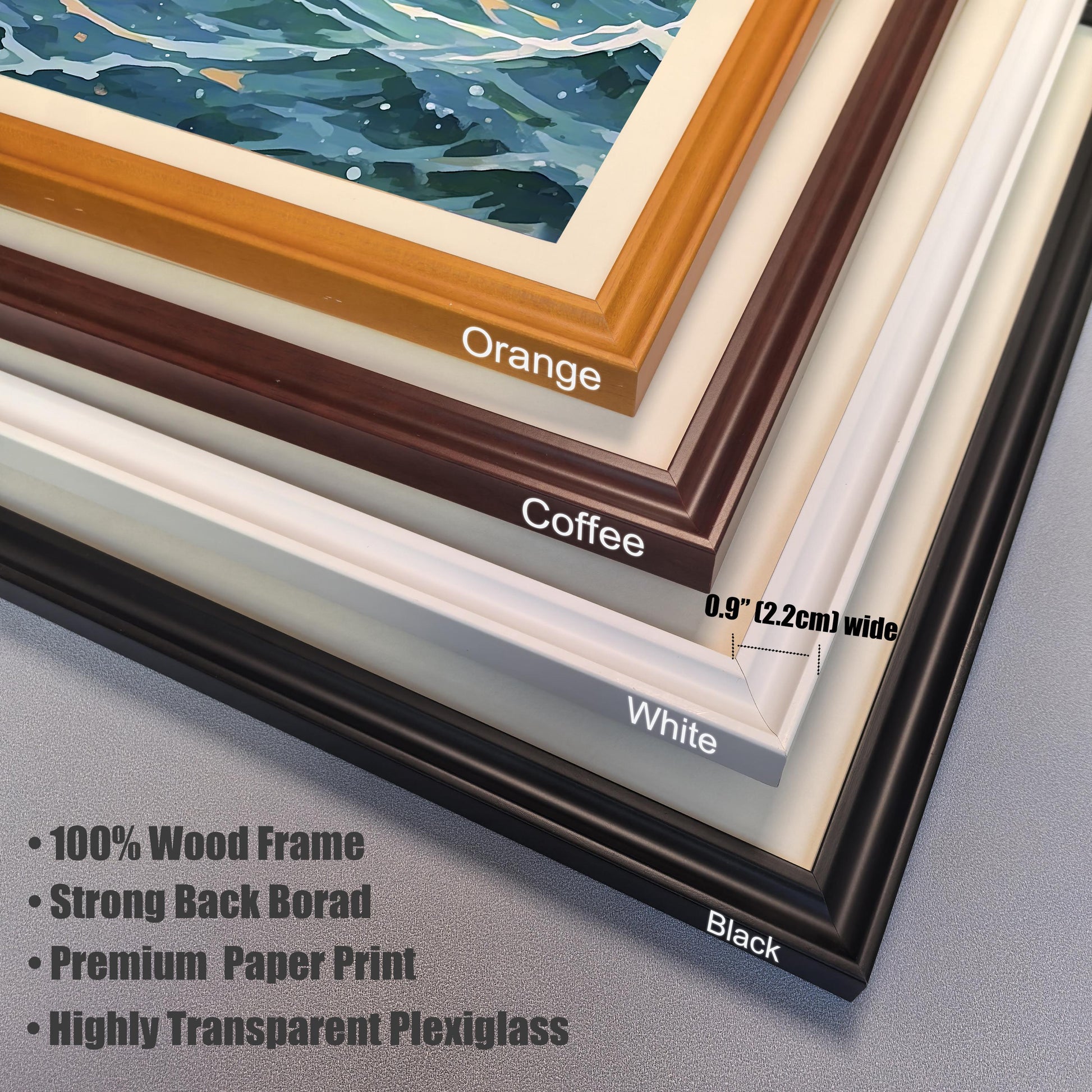 A close-up view of four different frame colors: orange, coffee, white, and black. A bulleted list describes the frame's features, including the material and glass.