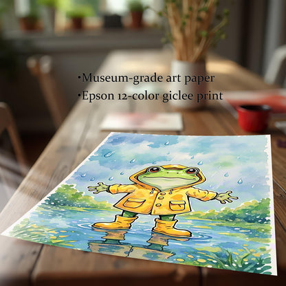 An unframed art print of a frog in a raincoat is lying on a wooden table. Text next to it lists the features of the print: museum-grade paper and giclee printing.