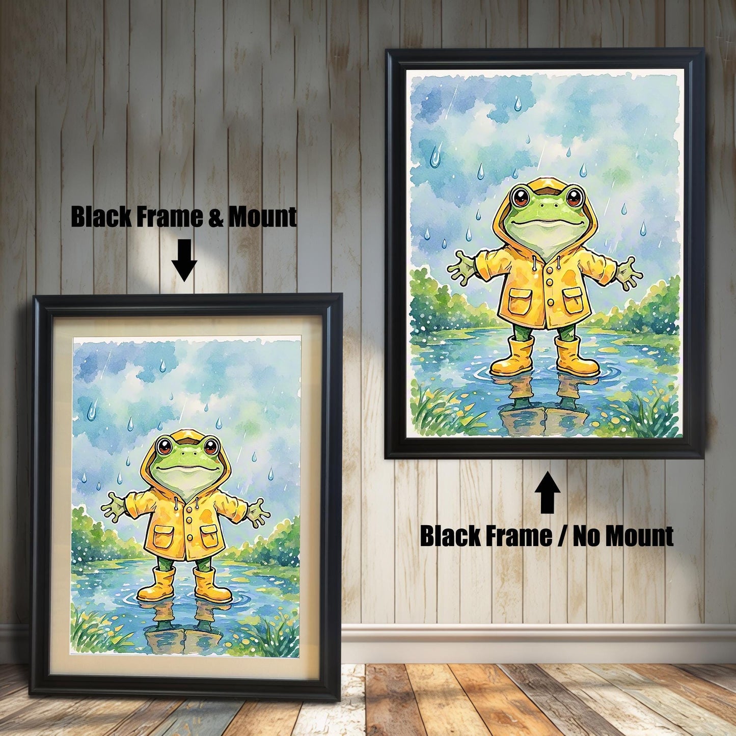 Two framed art prints of a frog in a raincoat. The image on the left has a black frame with a white mount, while the one on the right has a black frame with no mount.