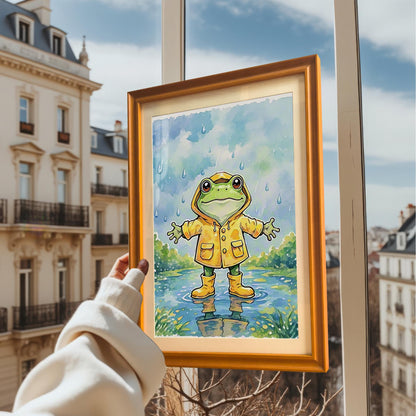A person holds a framed print of a frog in a raincoat in front of a window overlooking a city. The frame is a warm, orange wood color.