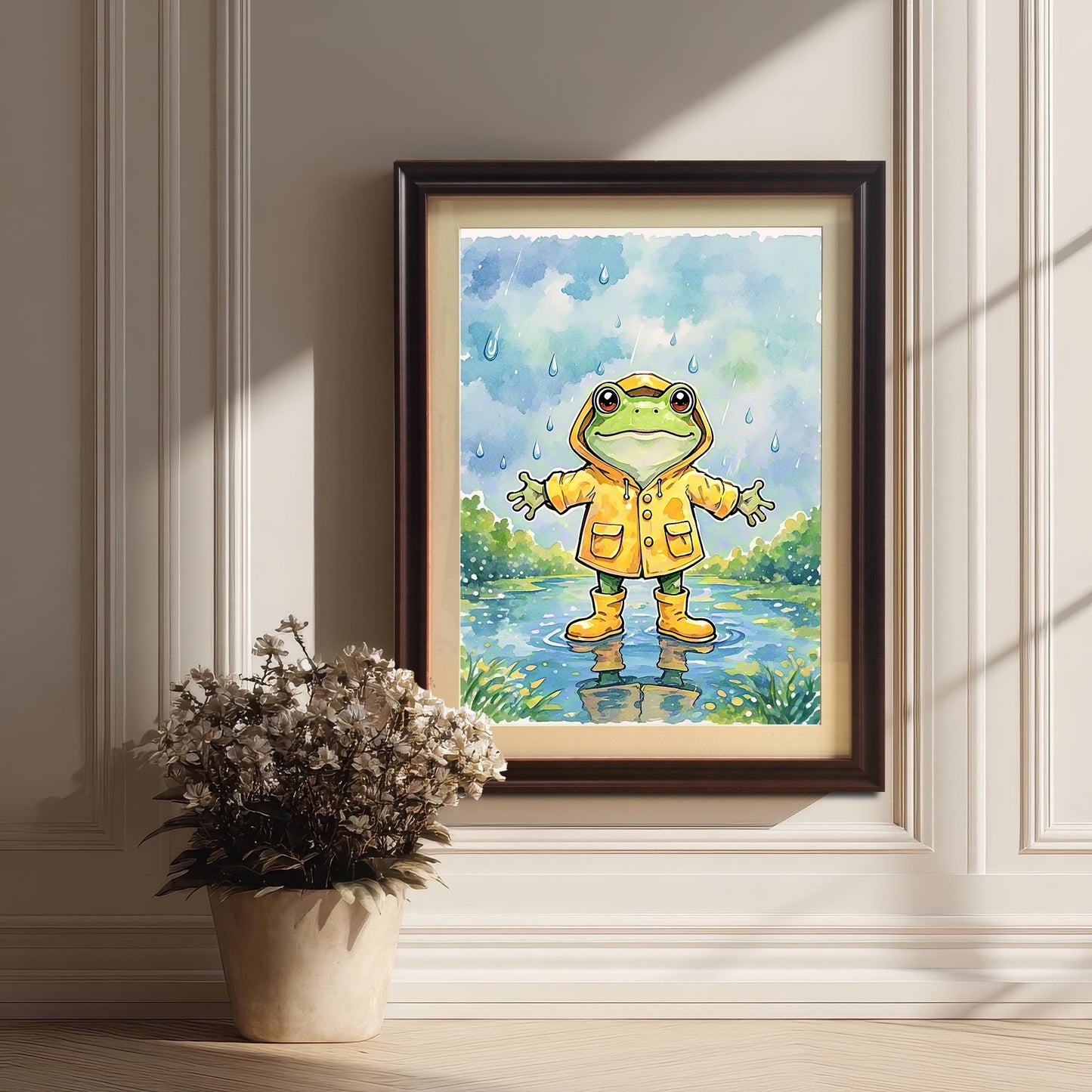 A framed art print of a frog in a raincoat. The coffee-colored framed picture is leaning against a white wainscoted wall next to a large potted plant with dried flowers.