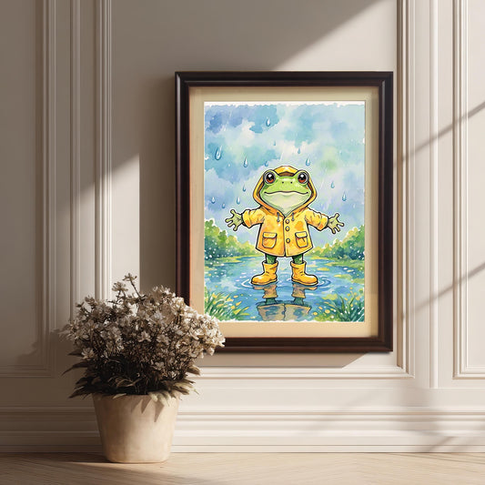 A framed art print of a frog in a raincoat. The coffee-colored framed picture is leaning against a white wainscoted wall next to a large potted plant with dried flowers.