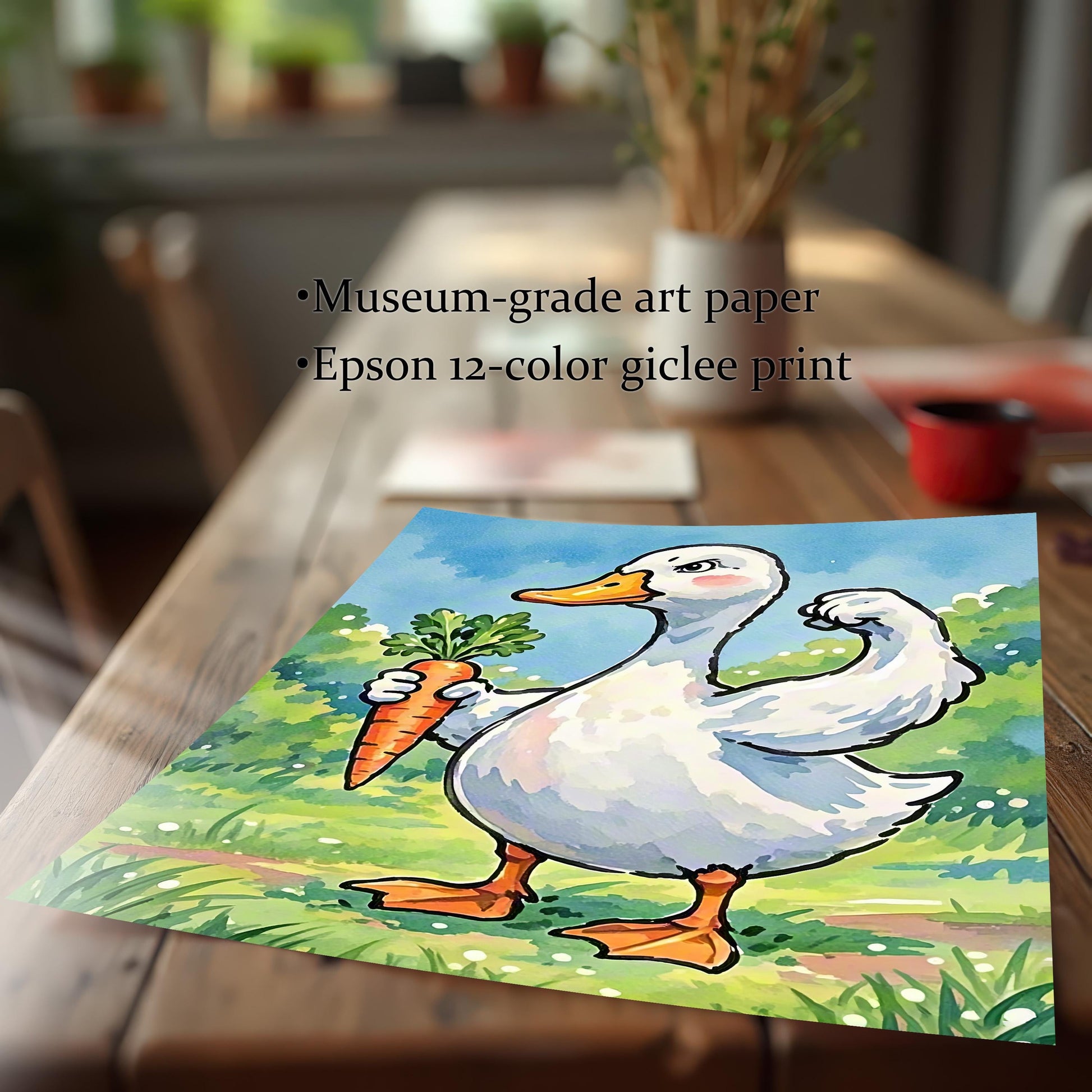 An unframed art print of a duck with a carrot is lying on a wooden table. Text next to it lists the features of the print, including the paper and printing type.