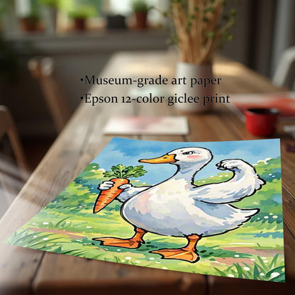 An unframed art print of a duck with a carrot is lying on a wooden table. Text next to it lists the features of the print, including the paper and printing type.