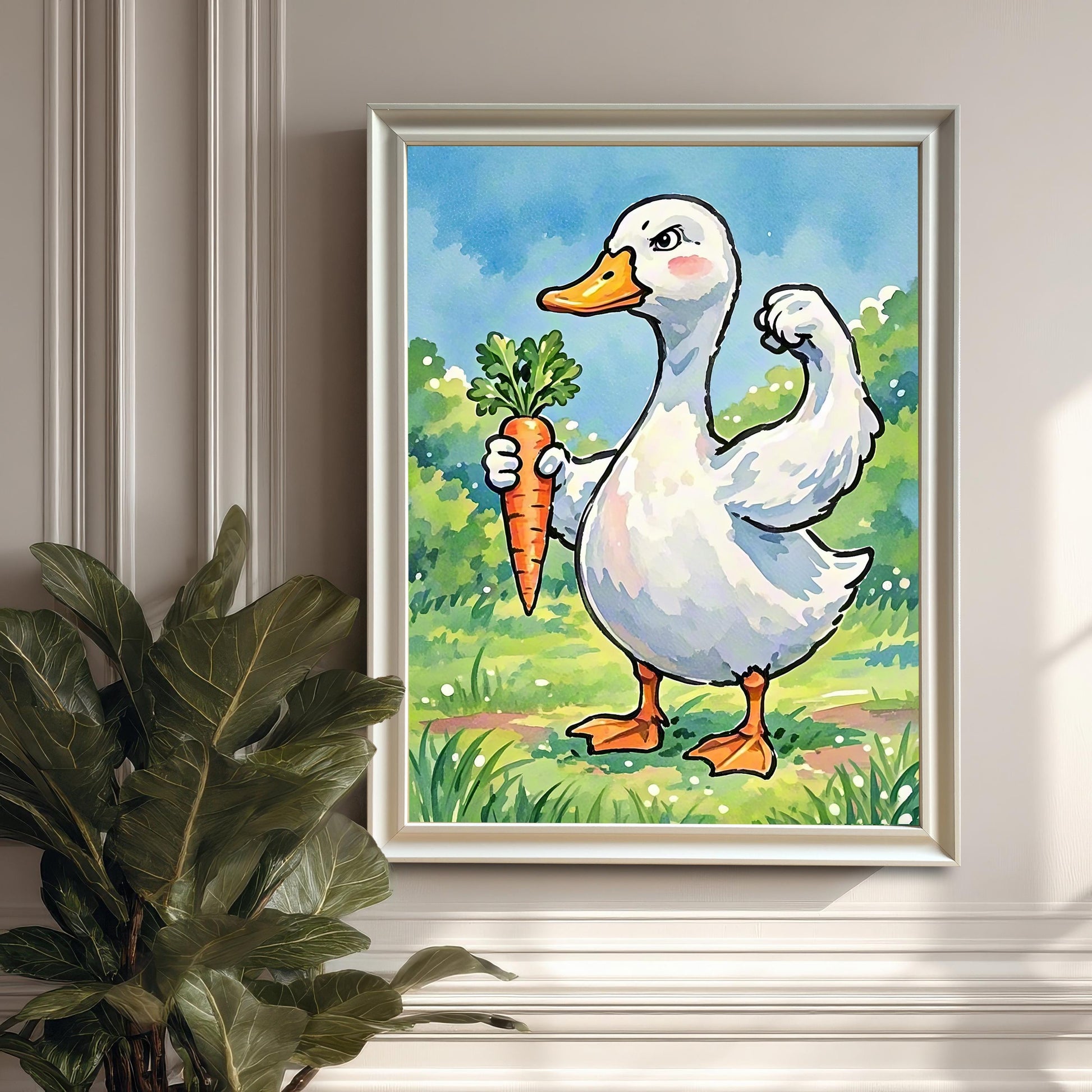 A white-framed art print of a duck with a carrot. The picture hangs on a white wainscoted wall, with a large potted plant in the corner.