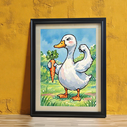 A black-framed art print of a duck flexing a bicep while holding a carrot. The picture is leaning against a textured yellow wall.