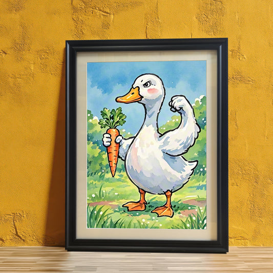 A black-framed art print of a duck flexing a bicep while holding a carrot. The picture is leaning against a textured yellow wall.