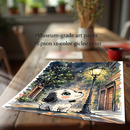 Puppy Watercolor Print in Wood Frame: Whimsical Nursery Wall Art